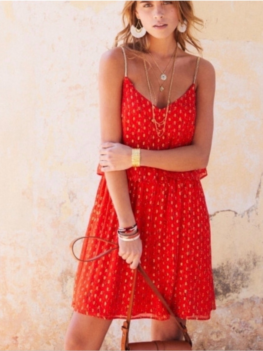 Sézane • Ashley Red With Metallic Gold Braided Straps Silk Dress Sz FR 42 US 10